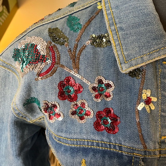 Zara sequin and bead embellished distressed denim jacket - Picture 4 of 6